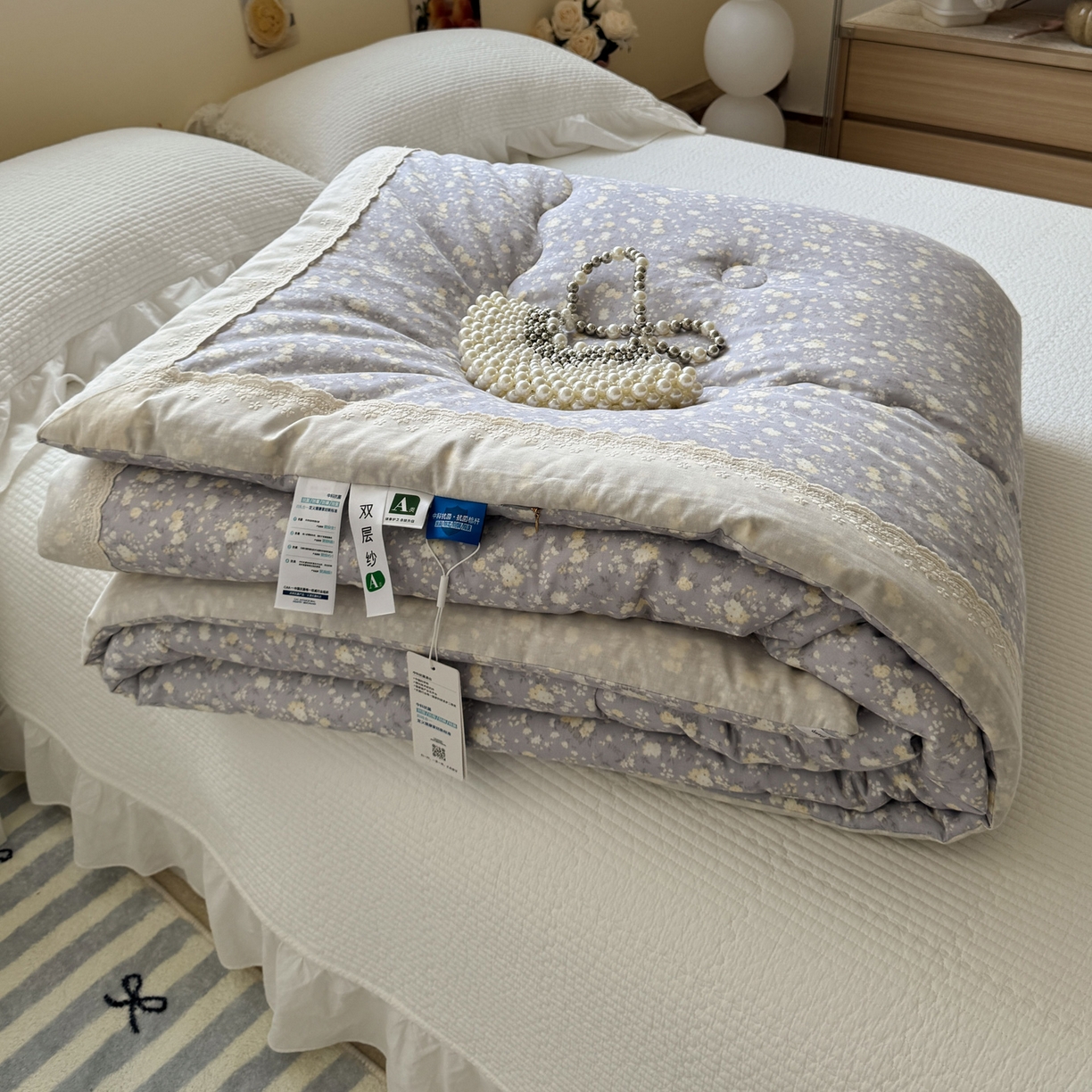 91家纺网 家纺一手货源 找家纺 一加一 2025新款A类全棉纯棉双层纱田园风懒人被冬被被子被芯（可水洗） 梦醒花间-灰