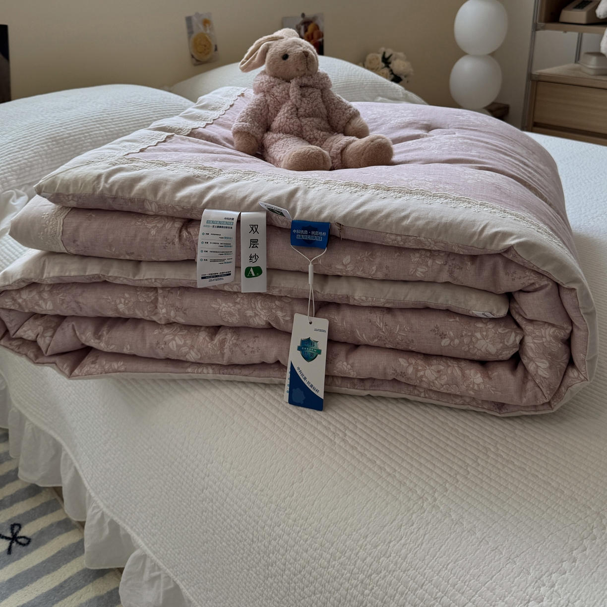 91家纺网 家纺一手货源 找家纺 一加一 2025新款A类全棉纯棉双层纱田园风懒人被冬被被子被芯（可水洗） 花蔓花影-粉