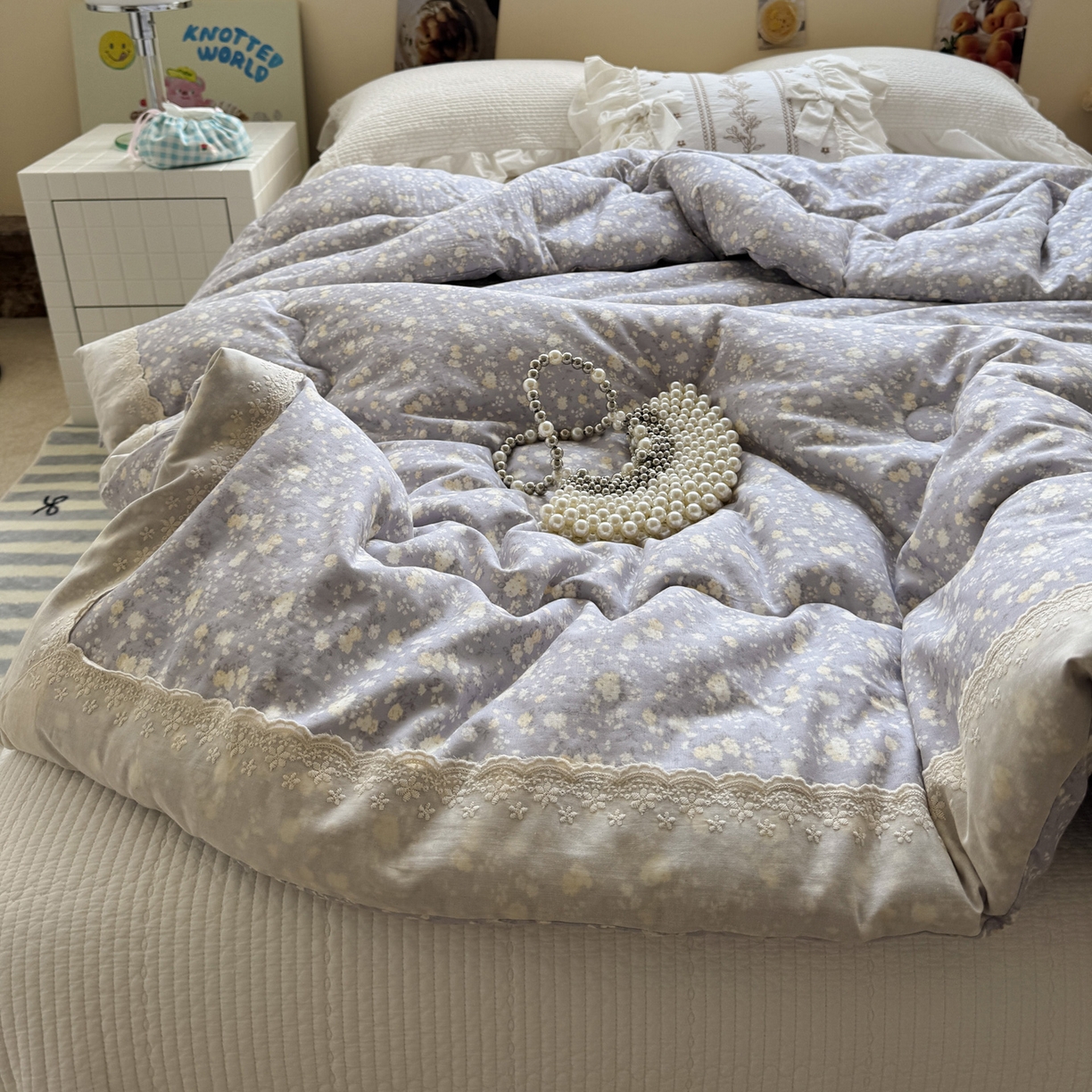 91家纺网 家纺一手货源 找家纺 一加一 2025新款A类全棉纯棉双层纱田园风懒人被冬被被子被芯（可水洗） 梦醒花间-灰