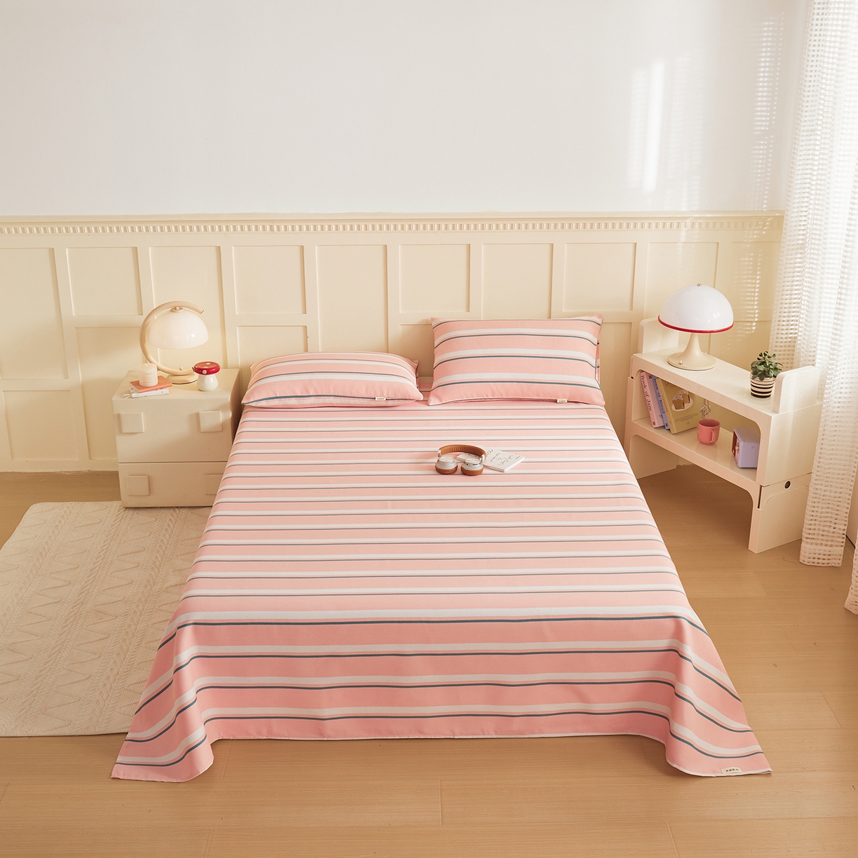 91家纺网 家纺一手货源 找家纺 青泽家纺 2025新款原棉标老粗布系列床单三件套 时尚粉