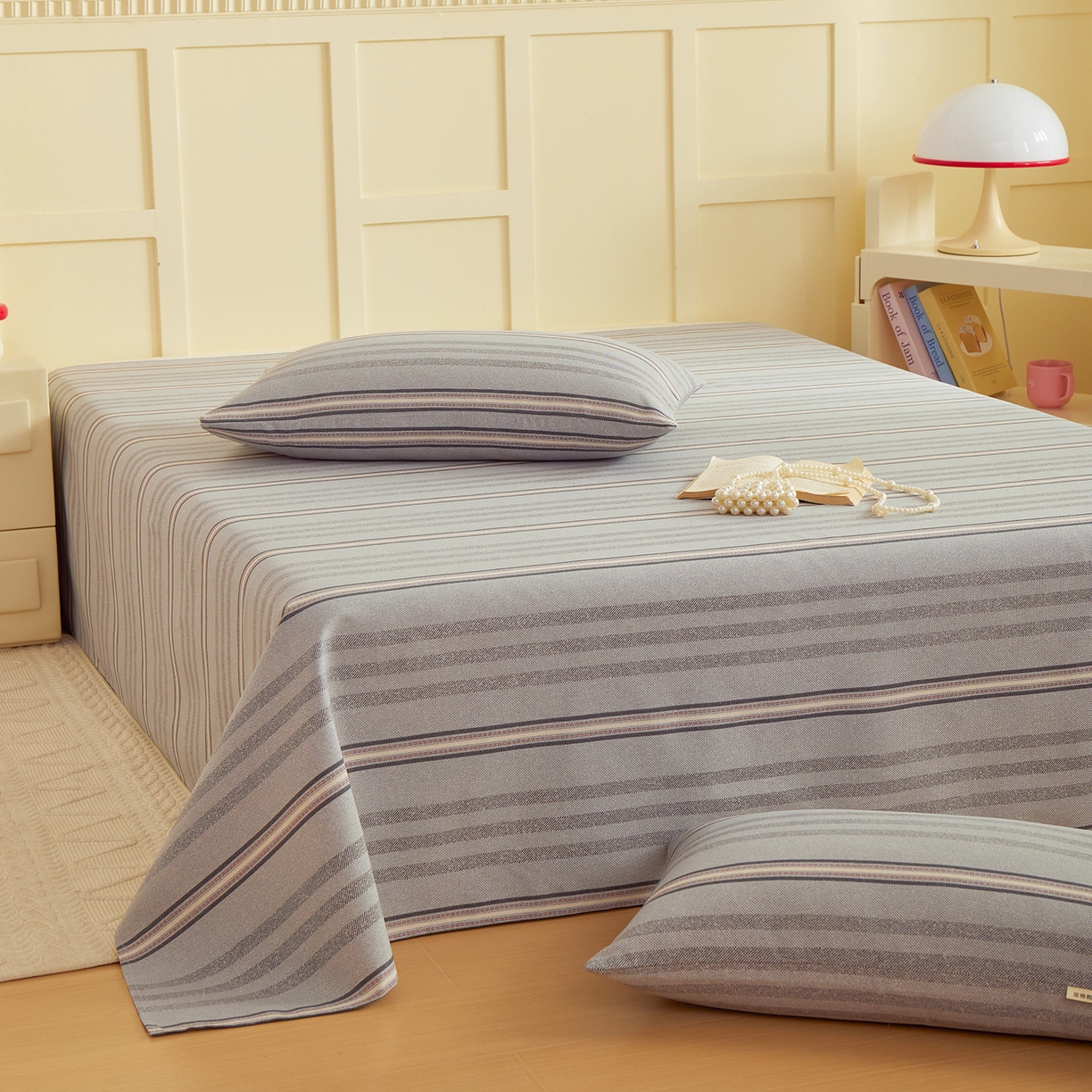 91家纺网 家纺一手货源 找家纺 青泽家纺 2025新款原棉标老粗布系列床单三件套 时尚灰