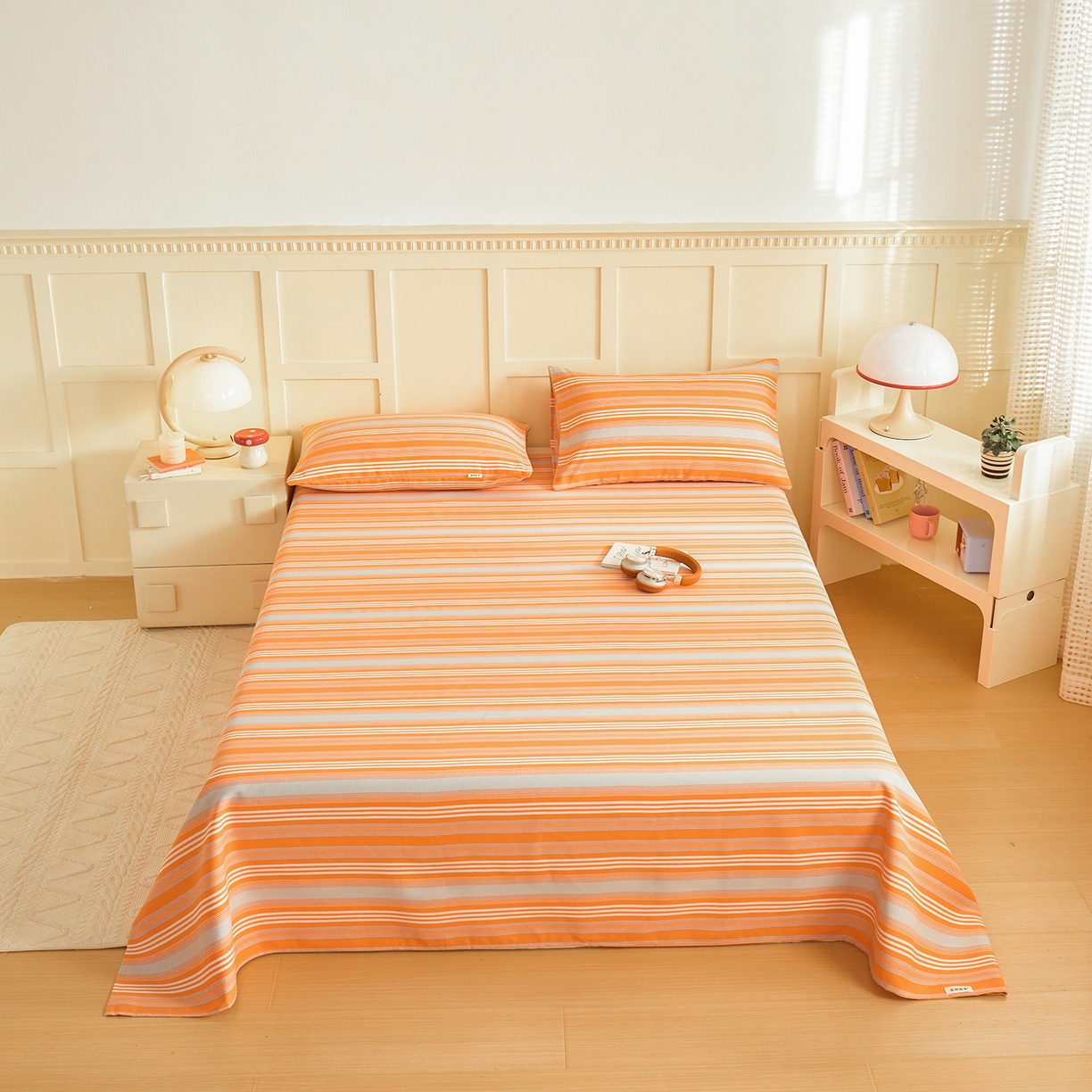 91家纺网 家纺一手货源 找家纺 青泽家纺 2025新款原棉标老粗布系列床单三件套 时尚橘