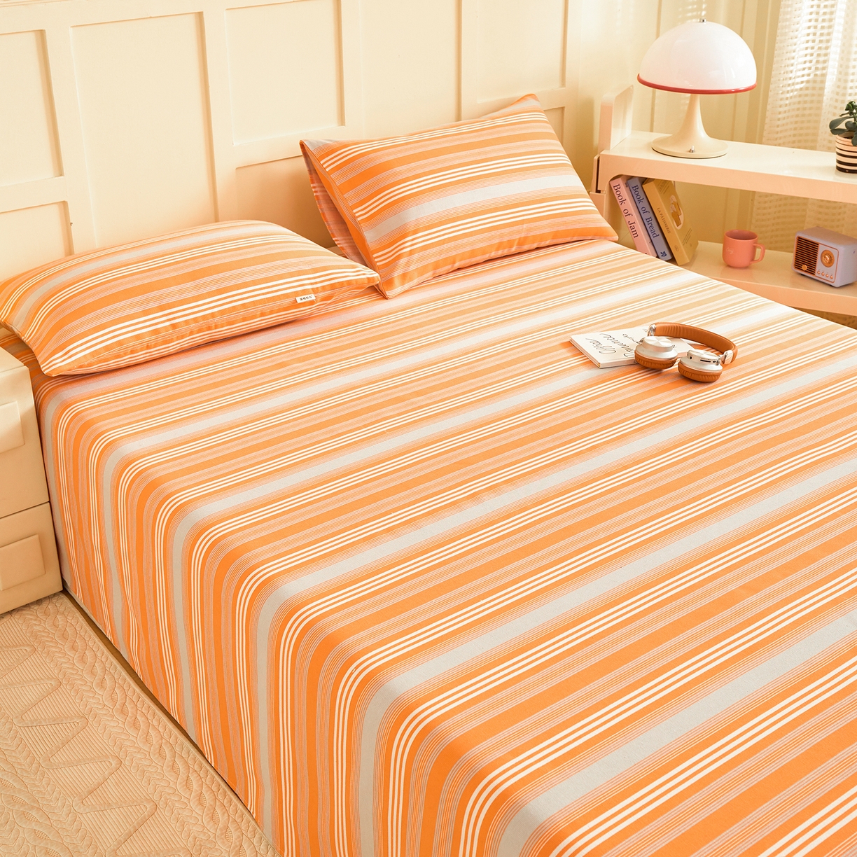 91家纺网 家纺一手货源 找家纺 青泽家纺 2025新款原棉标老粗布系列床单三件套 时尚橘