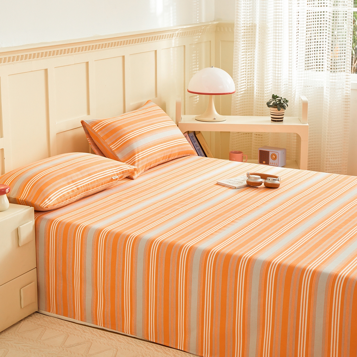 91家纺网 家纺一手货源 找家纺 青泽家纺 2025新款原棉标老粗布系列床单三件套 时尚橘