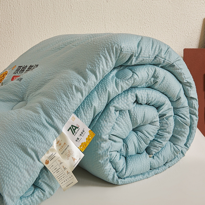 91家纺网 家纺一手货源 找家纺 欢乐季2025新款7A抗菌A类提花皱皱纱大豆纤维被四季被+被芯 海冰蓝