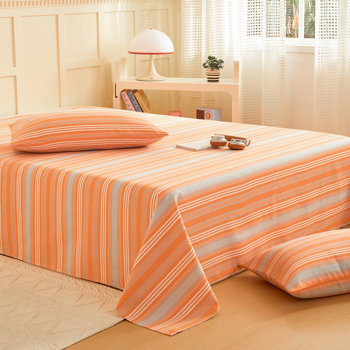 91家纺网 家纺一手货源 找家纺 青泽家纺 2025新款原棉标老粗布系列床单三件套 时尚橘