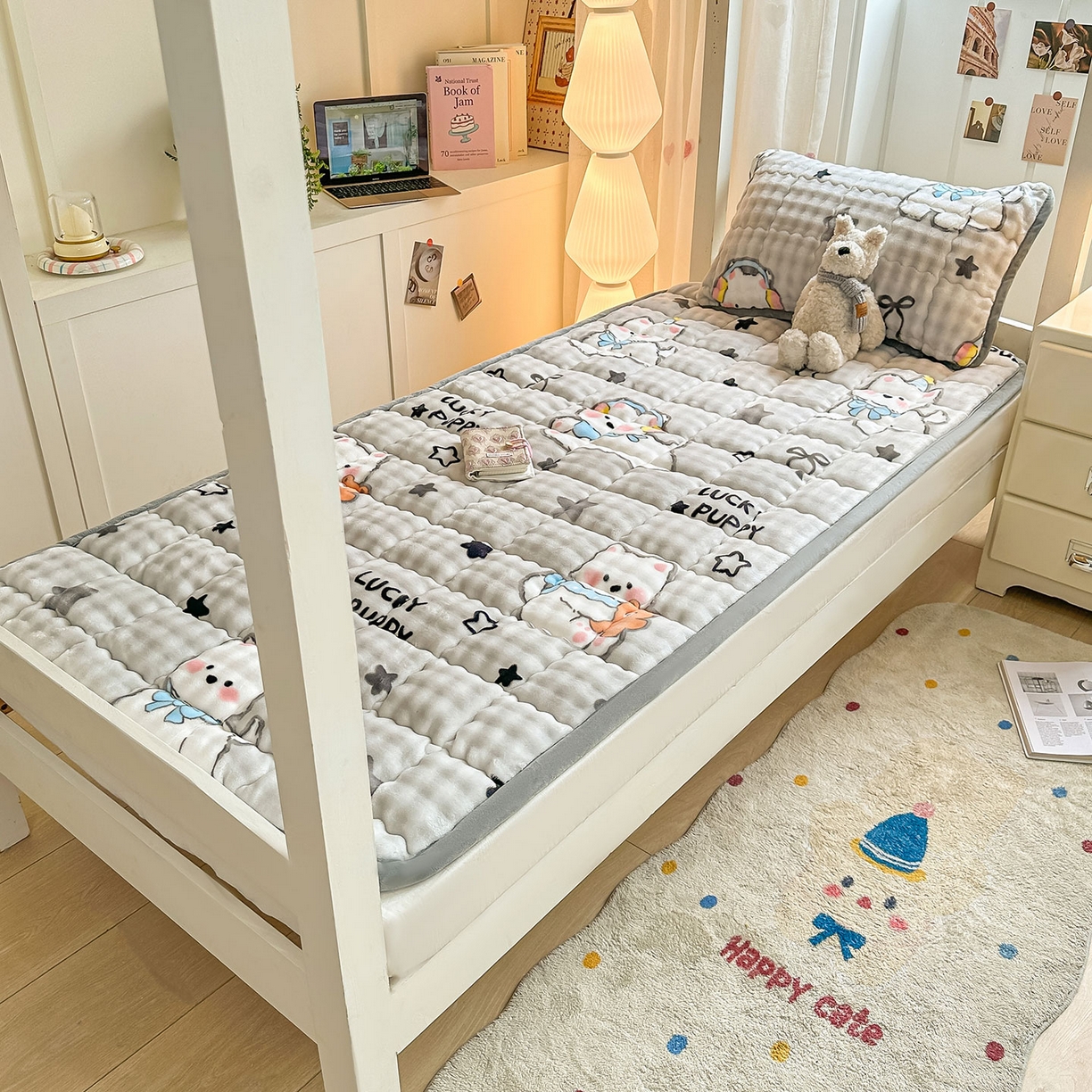 91家纺网 家纺一手货源 找家纺 眠势力 2025新款牛奶绒泡泡床褥加绒仿兔毛绒床褥子秋冬保暖珊瑚绒夹棉学生上下铺床护垫 星星猫咪