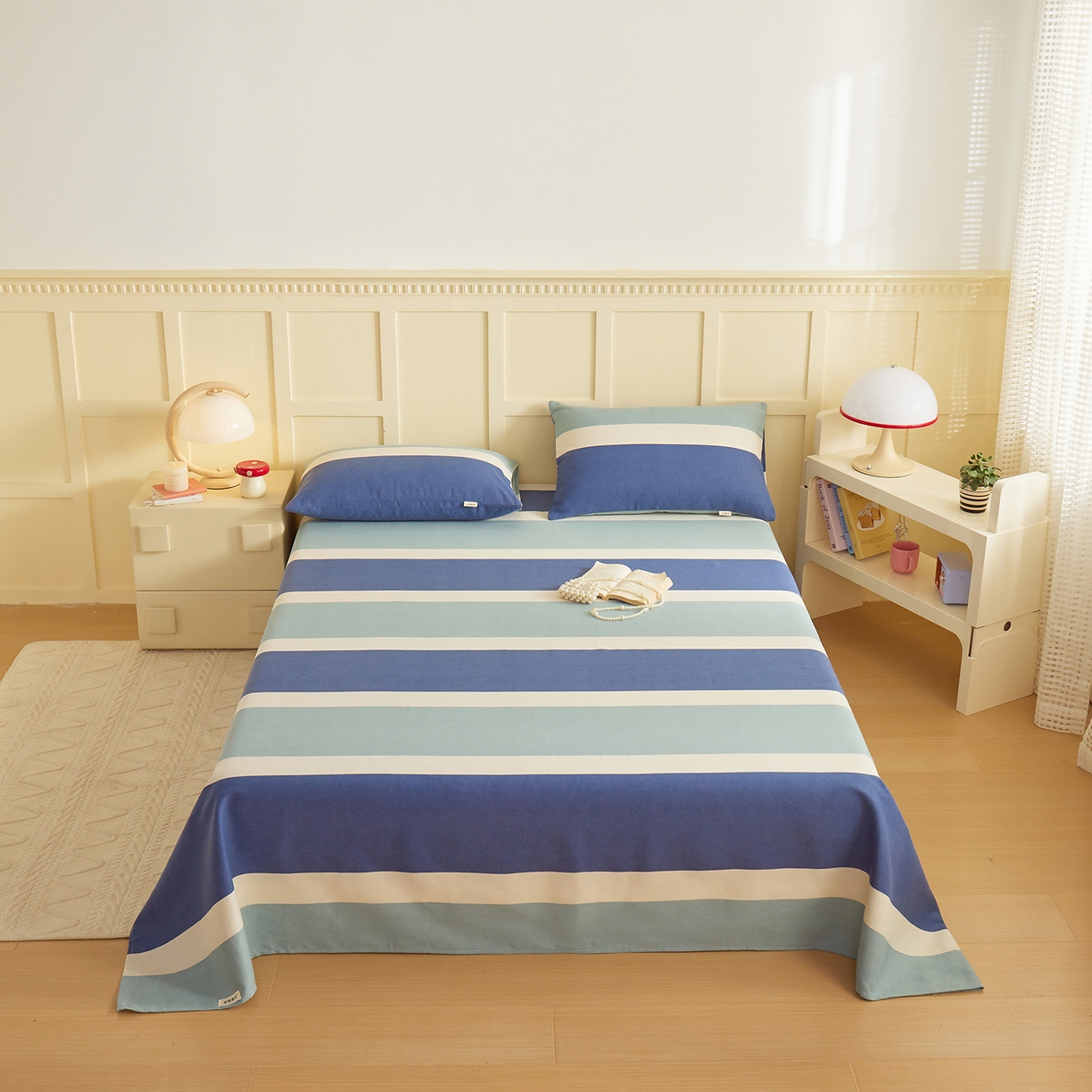 91家纺网 家纺一手货源 找家纺 青泽家纺 2025新款原棉标老粗布系列床单三件套 时尚蓝