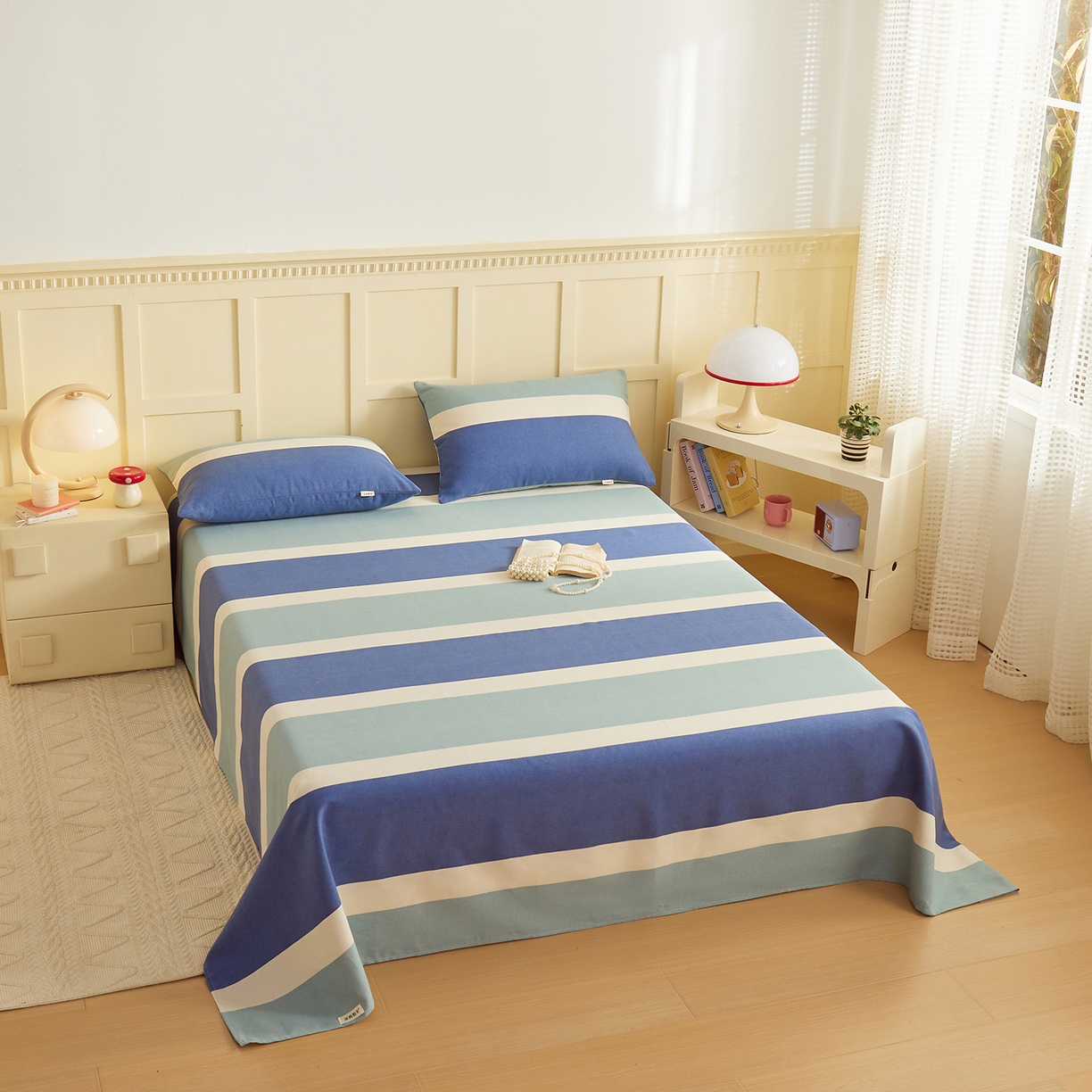 91家纺网 家纺一手货源 找家纺 青泽家纺 2025新款原棉标老粗布系列床单三件套 时尚蓝