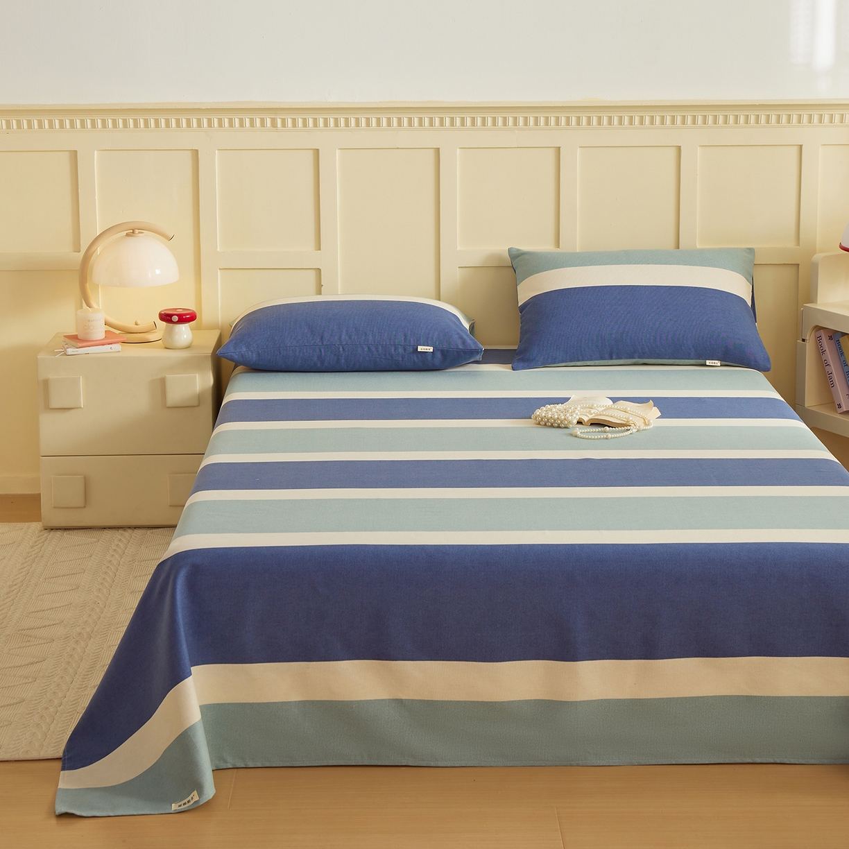 91家纺网 家纺一手货源 找家纺 青泽家纺 2025新款原棉标老粗布系列床单三件套 时尚蓝