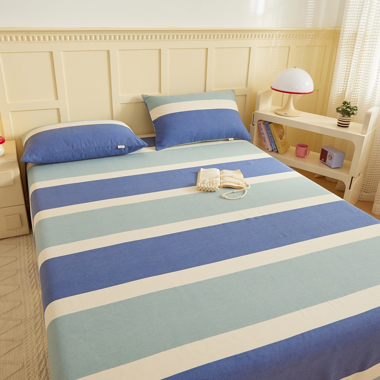 91家纺网 家纺一手货源 找家纺 青泽家纺 2025新款原棉标老粗布系列床单三件套 时尚蓝