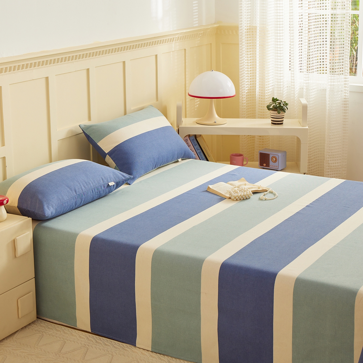 91家纺网 家纺一手货源 找家纺 青泽家纺 2025新款原棉标老粗布系列床单三件套 时尚蓝