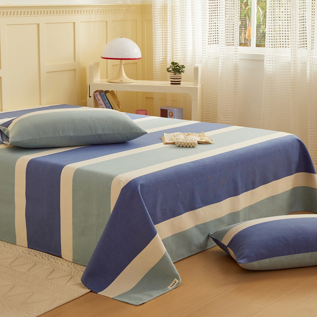 91家纺网 家纺一手货源 找家纺 青泽家纺 2025新款原棉标老粗布系列床单三件套 时尚蓝