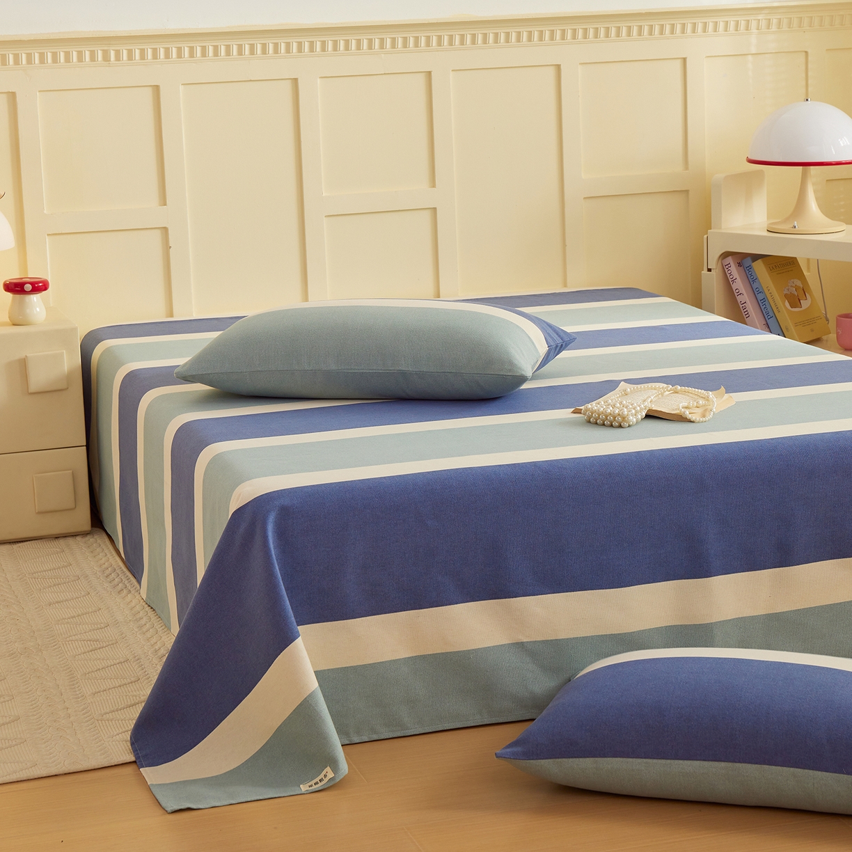 91家纺网 家纺一手货源 找家纺 青泽家纺 2025新款原棉标老粗布系列床单三件套 时尚蓝