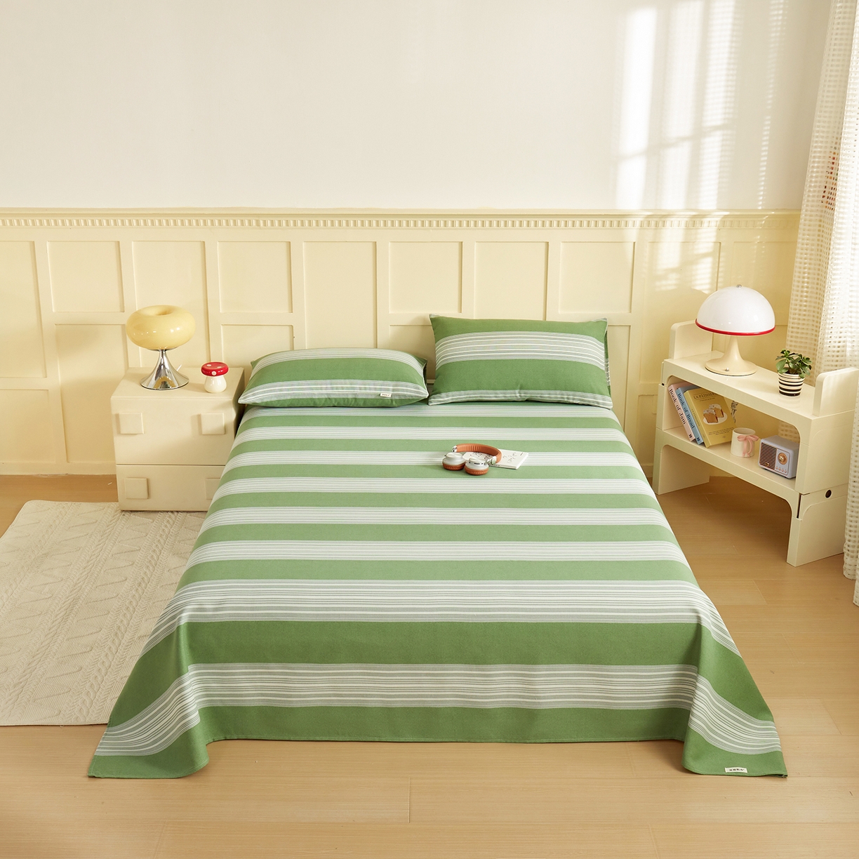 91家纺网 家纺一手货源 找家纺 青泽家纺 2025新款原棉标老粗布系列床单三件套 时尚绿