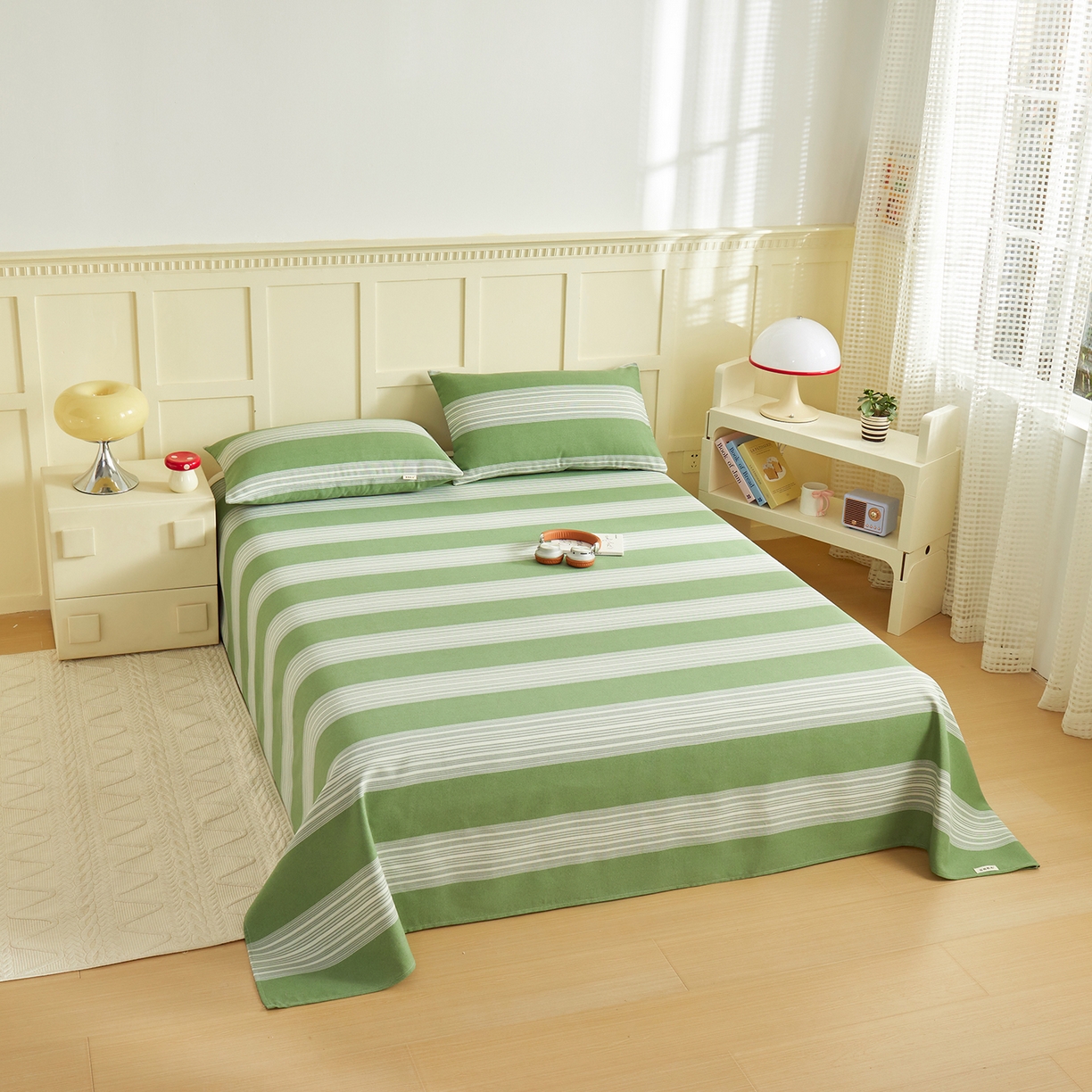 91家纺网 家纺一手货源 找家纺 青泽家纺 2025新款原棉标老粗布系列床单三件套 时尚绿