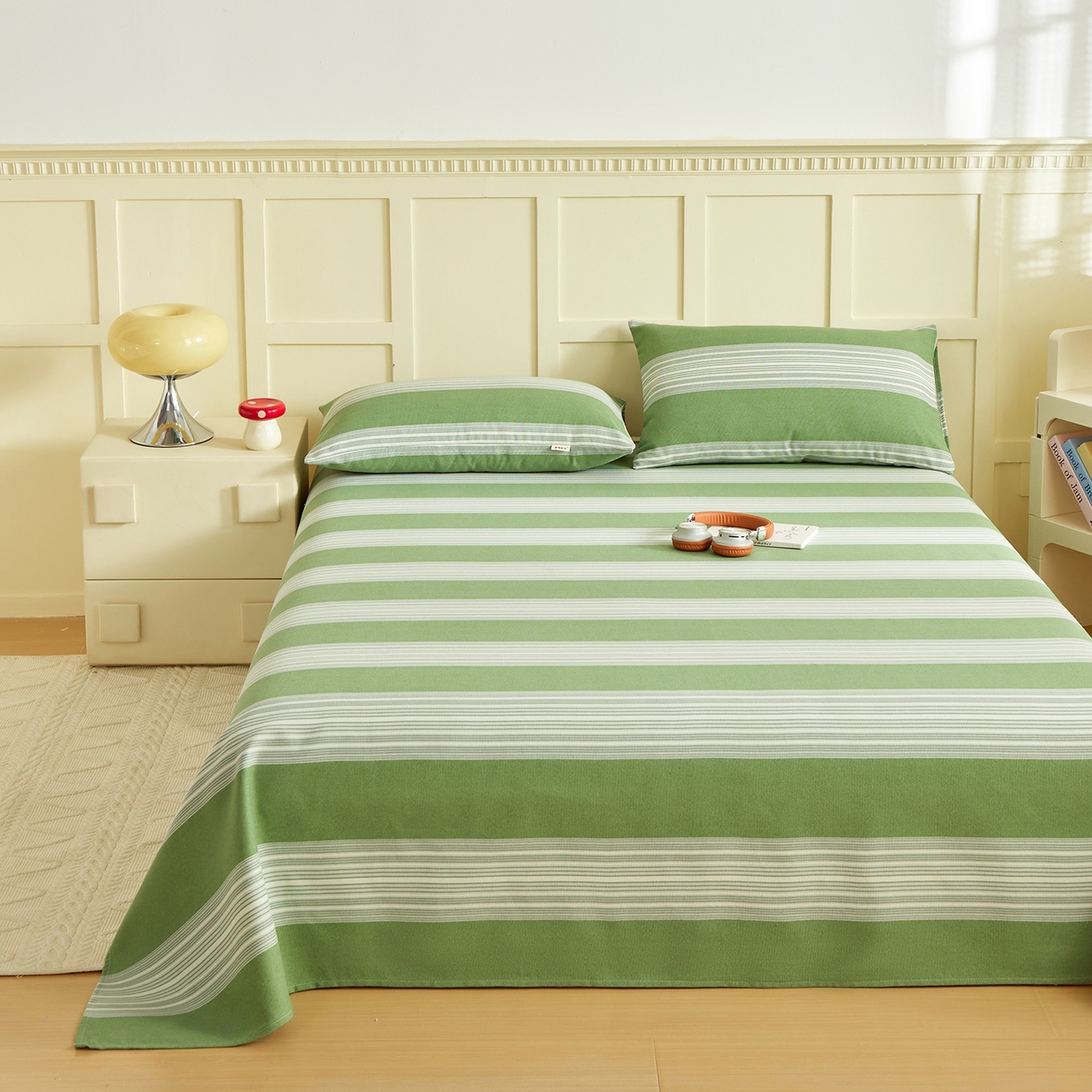 91家纺网 家纺一手货源 找家纺 青泽家纺 2025新款原棉标老粗布系列床单三件套 时尚绿