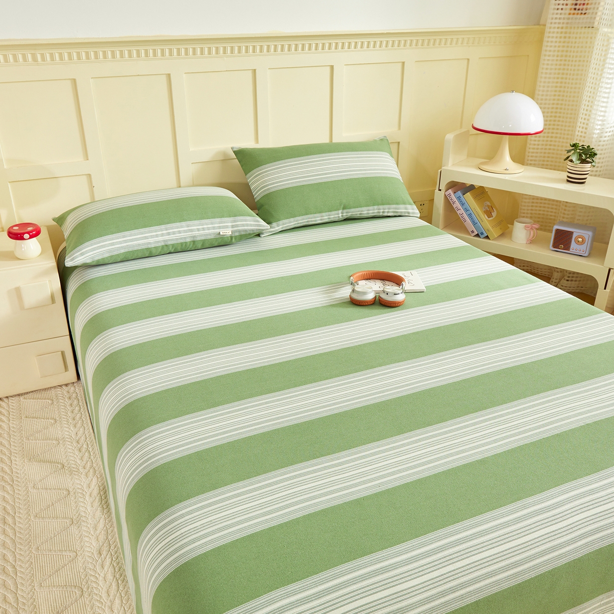 91家纺网 家纺一手货源 找家纺 青泽家纺 2025新款原棉标老粗布系列床单三件套 时尚绿