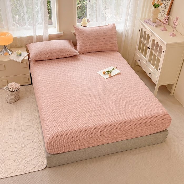 91家纺网 家纺一手货源 找家纺 青泽家纺 2025新款原棉老粗布床笠系列 粉黛