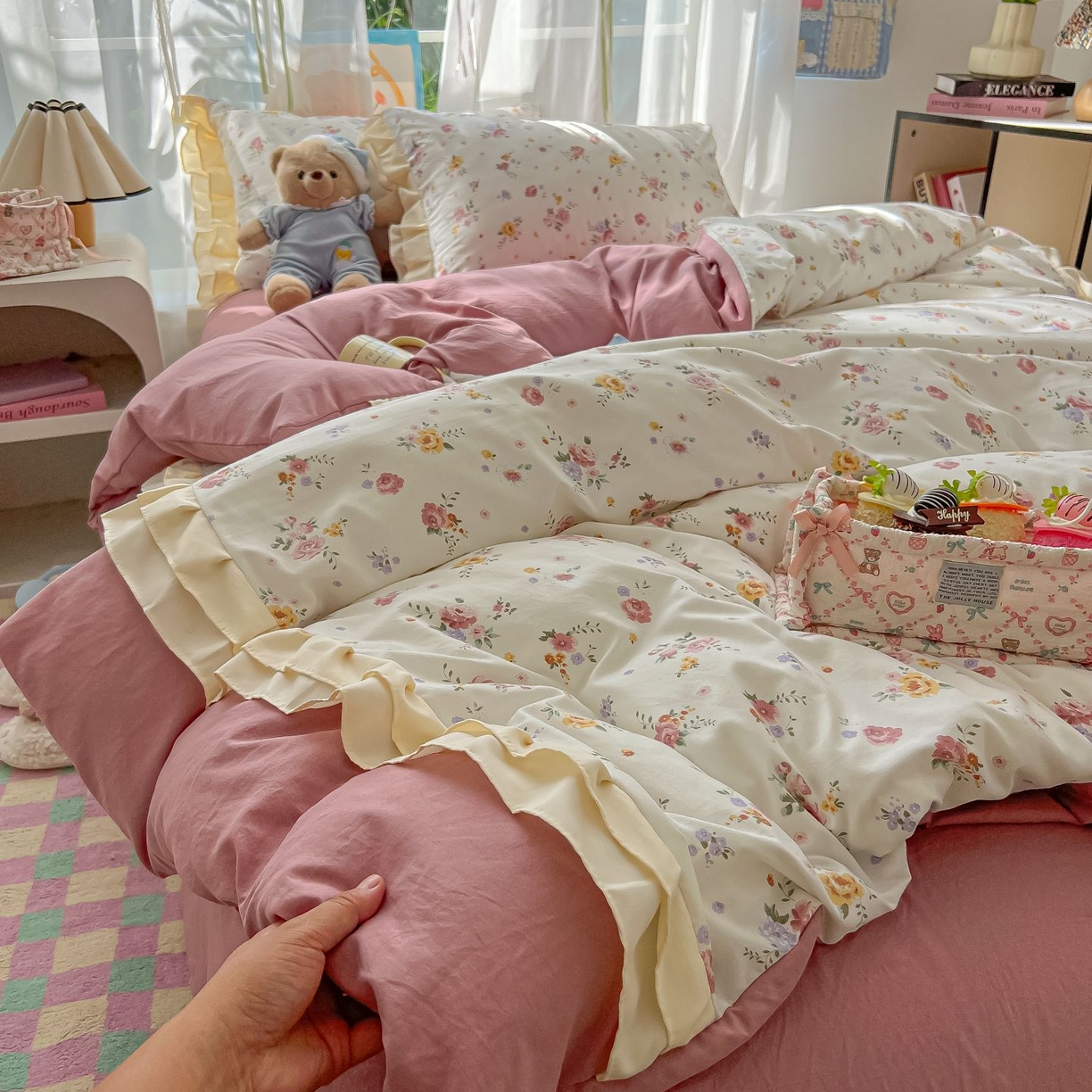 91家纺网 家纺一手货源 找家纺 （总）子钦家纺 2025新款云朵棉水洗棉双花边奶油花边仙女风床单床笠床裙四件套