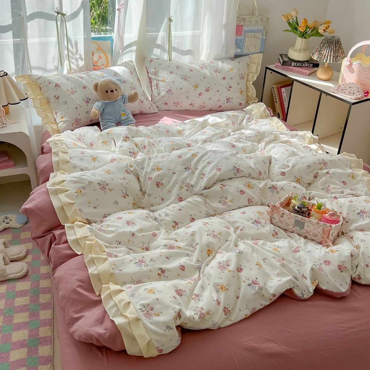 91家纺网 家纺一手货源 找家纺 （总）子钦家纺 2025新款云朵棉水洗棉双花边奶油花边仙女风床单床笠床裙四件套