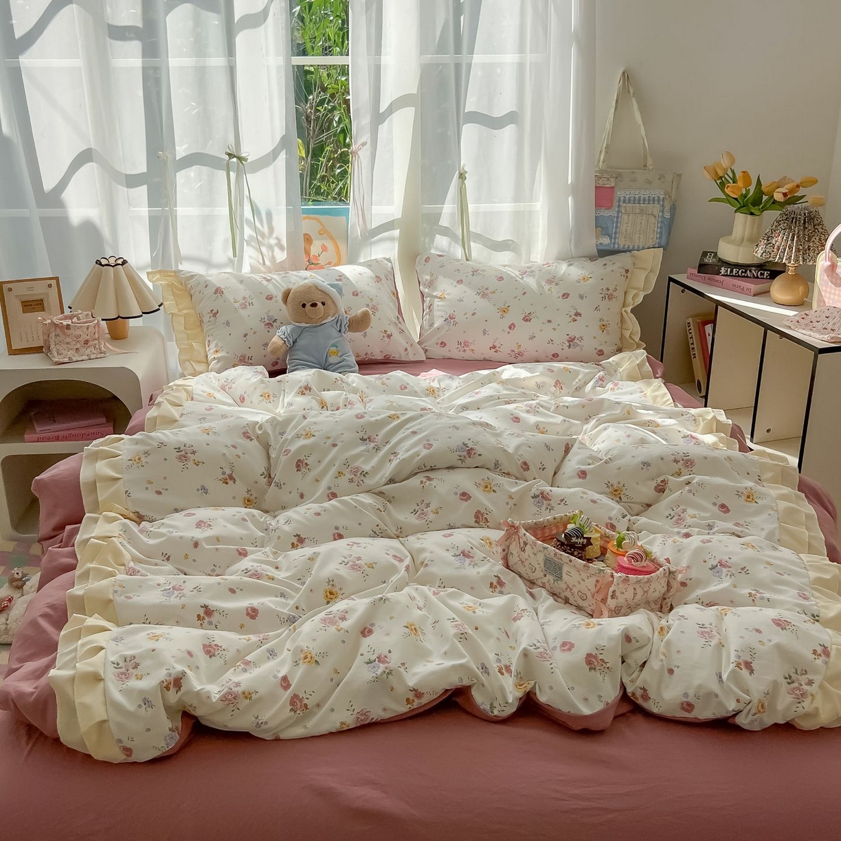 91家纺网 家纺一手货源 找家纺 （总）子钦家纺 2025新款云朵棉水洗棉双花边奶油花边仙女风床单床笠床裙四件套