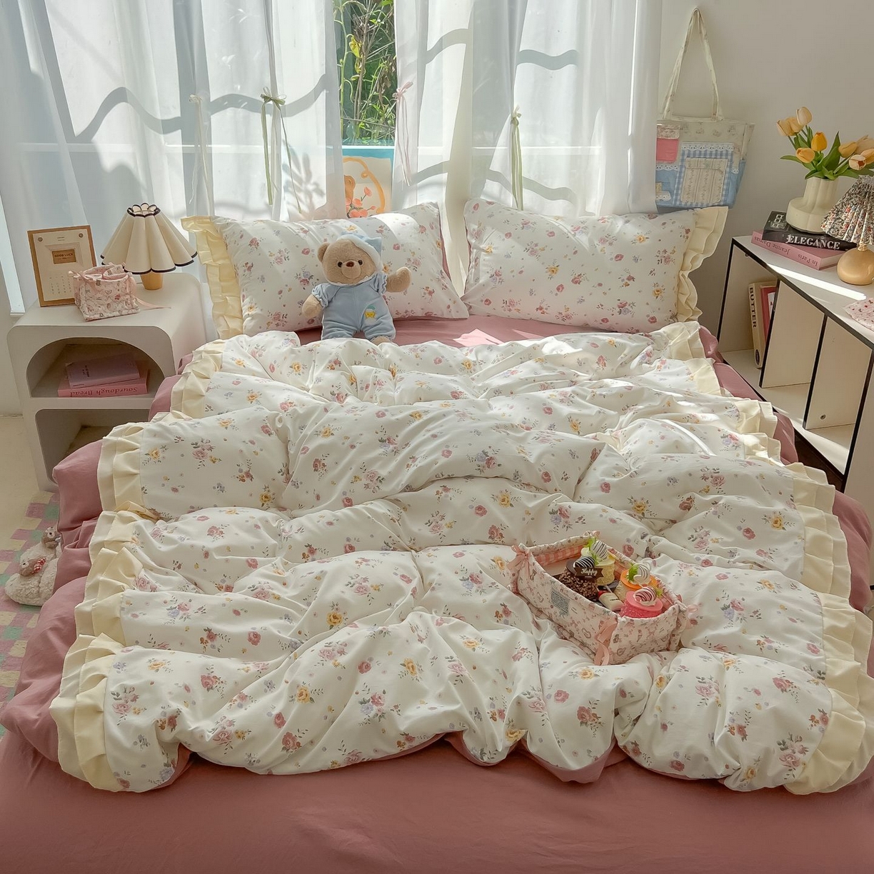 91家纺网 家纺一手货源 找家纺 （总）子钦家纺 2025新款云朵棉水洗棉双花边奶油花边仙女风床单床笠床裙四件套