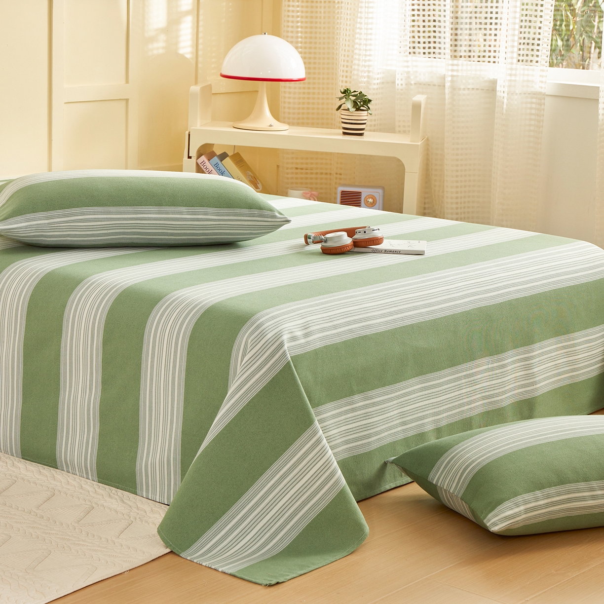 91家纺网 家纺一手货源 找家纺 青泽家纺 2025新款原棉标老粗布系列床单三件套 时尚绿