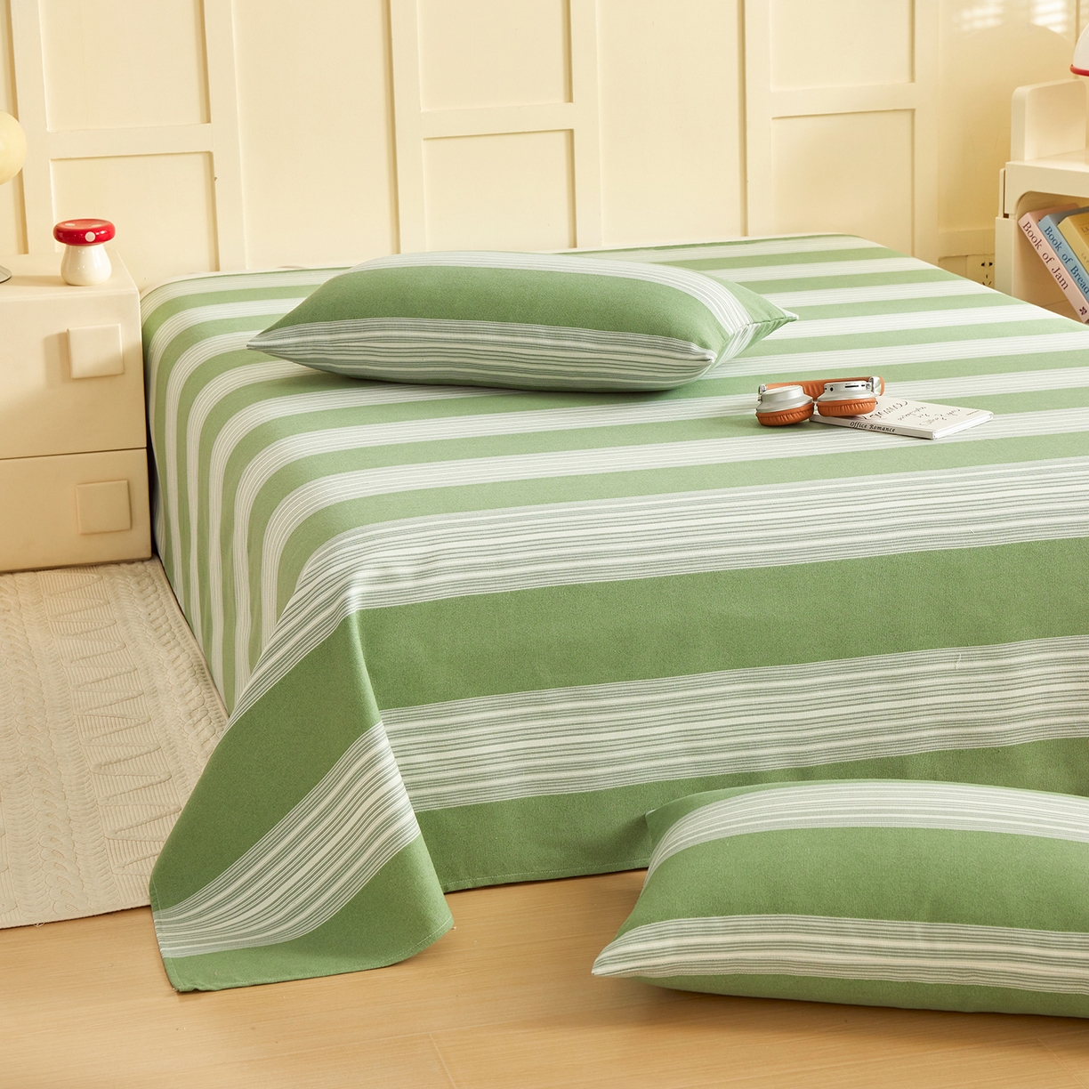 91家纺网 家纺一手货源 找家纺 青泽家纺 2025新款原棉标老粗布系列床单三件套 时尚绿