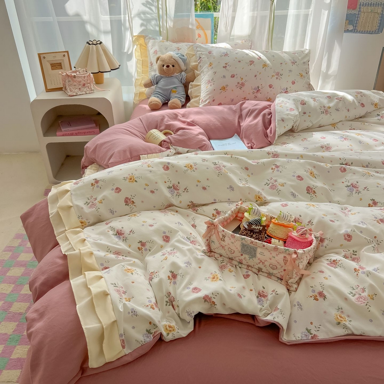 91家纺网 家纺一手货源 找家纺 （总）子钦家纺 2025新款云朵棉水洗棉双花边奶油花边仙女风床单床笠床裙四件套