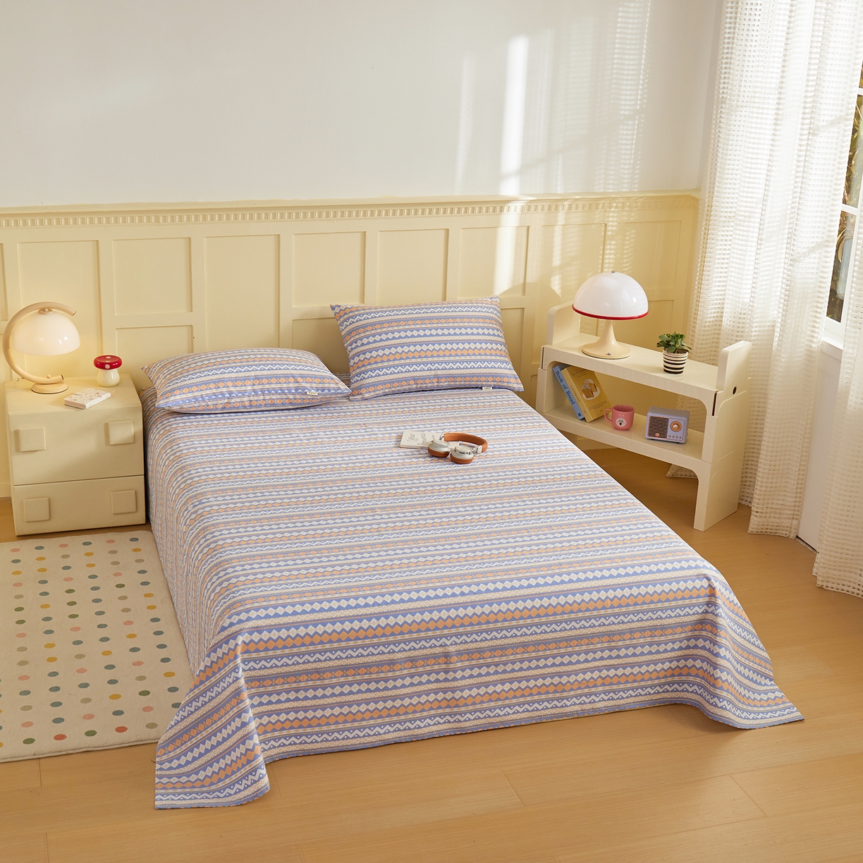 91家纺网 家纺一手货源 找家纺 青泽家纺 2025新款原棉标老粗布系列床单三件套 波纹蓝