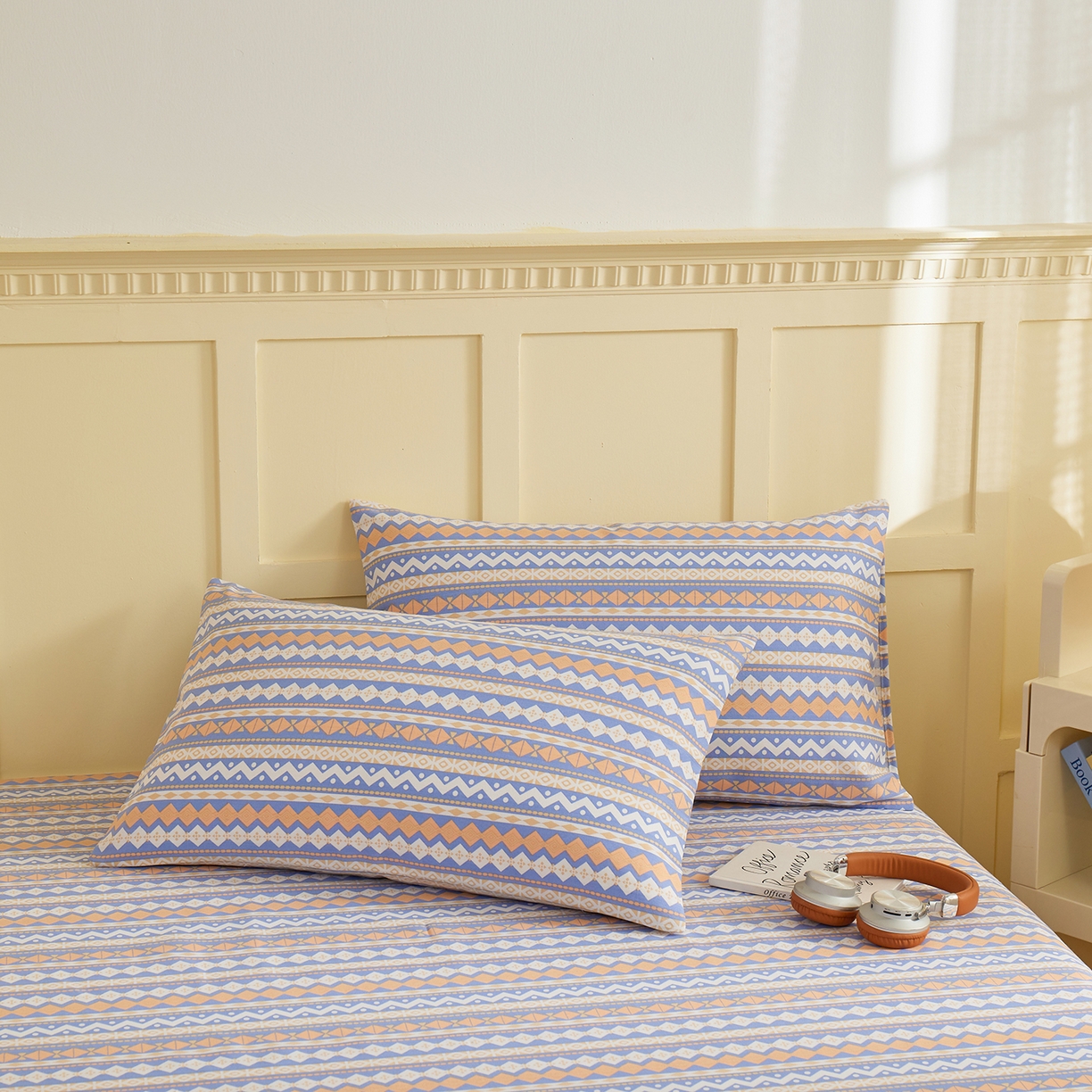 91家纺网 家纺一手货源 找家纺 青泽家纺 2025新款原棉标老粗布系列床单三件套 波纹蓝