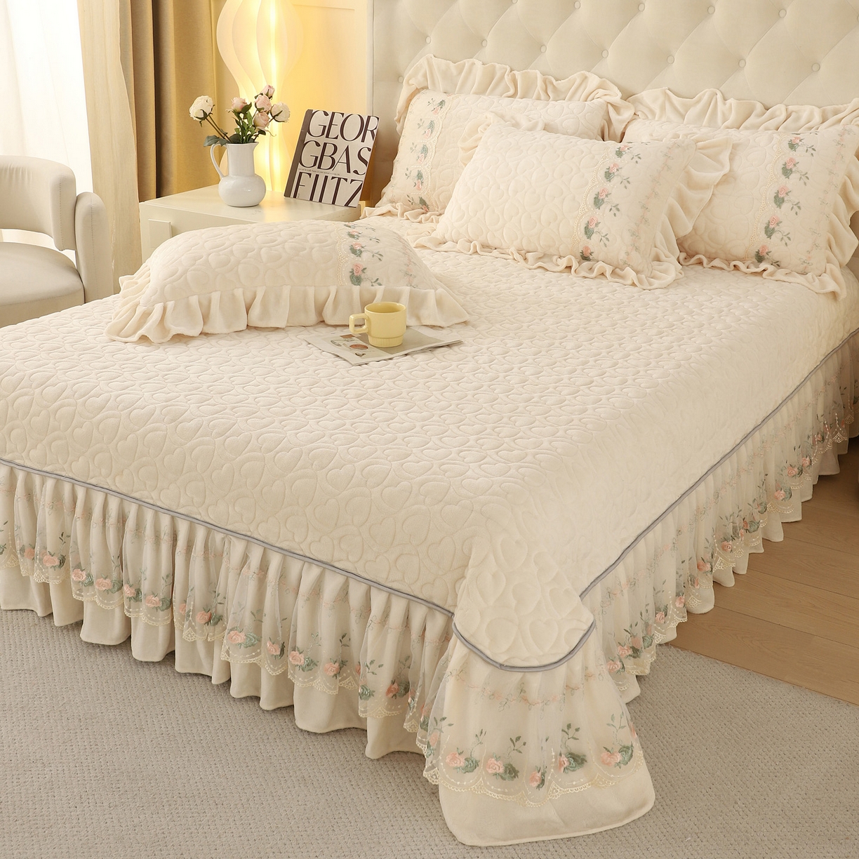 能好家纺 2025新款牛奶绒刺绣床盖单床盖床盖单件 米白