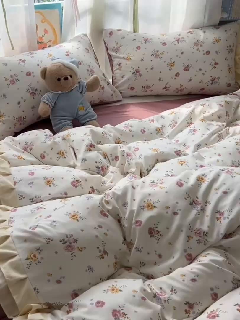 91家纺网 家纺一手货源 找家纺 （总）子钦家纺 2025新款云朵棉水洗棉双花边奶油花边仙女风床单床笠床裙四件套