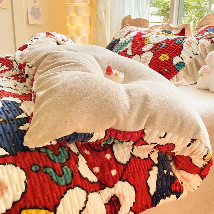 91家纺网 家纺一手货源 找家纺 摩妮卡 2025新款提花豆豆绒卡通印花牛奶绒四件套 芽蜜