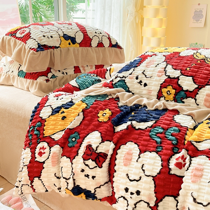 91家纺网 家纺一手货源 找家纺 摩妮卡 2025新款提花豆豆绒卡通印花牛奶绒四件套 芽蜜