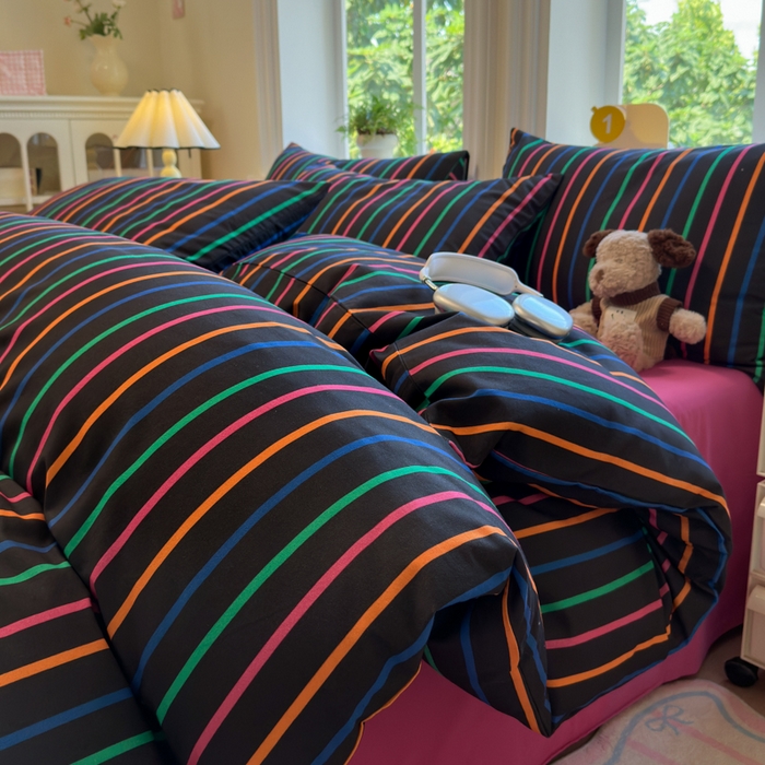 如意朵 2025新款全棉纯棉磨毛四件套 多彩-黑