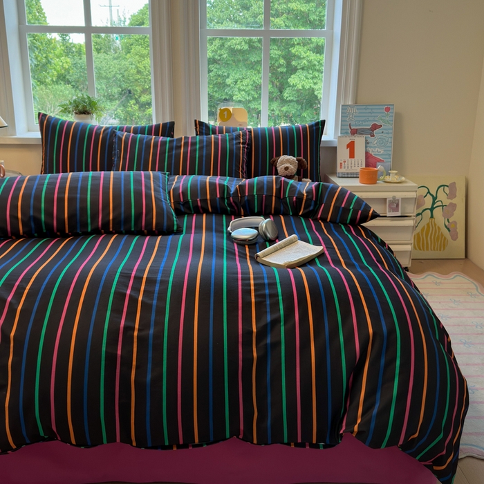 91家纺网 家纺一手货源 找家纺 如意朵 2025新款全棉纯棉磨毛四件套 多彩-黑