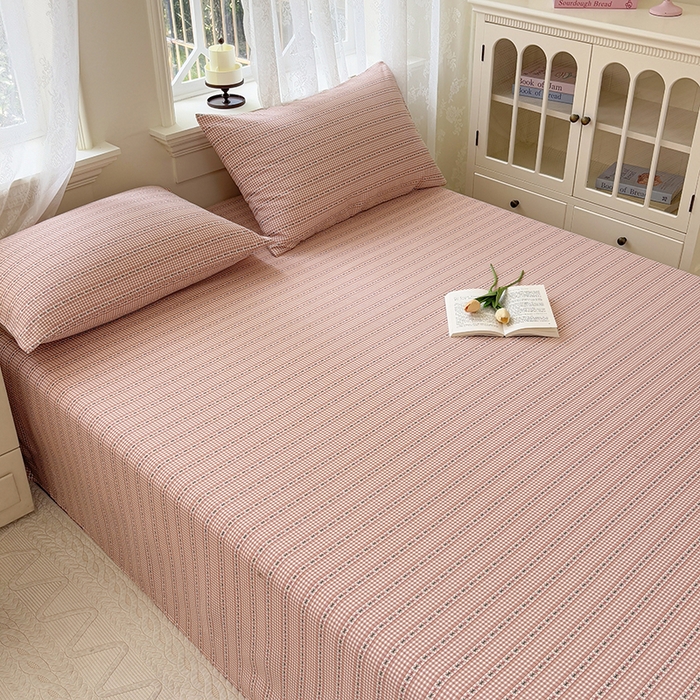 91家纺网 家纺一手货源 找家纺 青泽家纺 2025新款原棉标老粗布系列床单三件套 粉黛