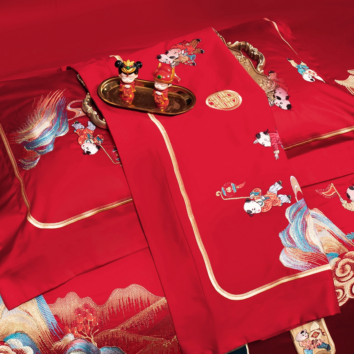 91家纺网 家纺一手货源 找家纺 （总）柏拉图 2025新款100s长绒棉贡缎提花重工艺刺绣婚庆四件套多件套