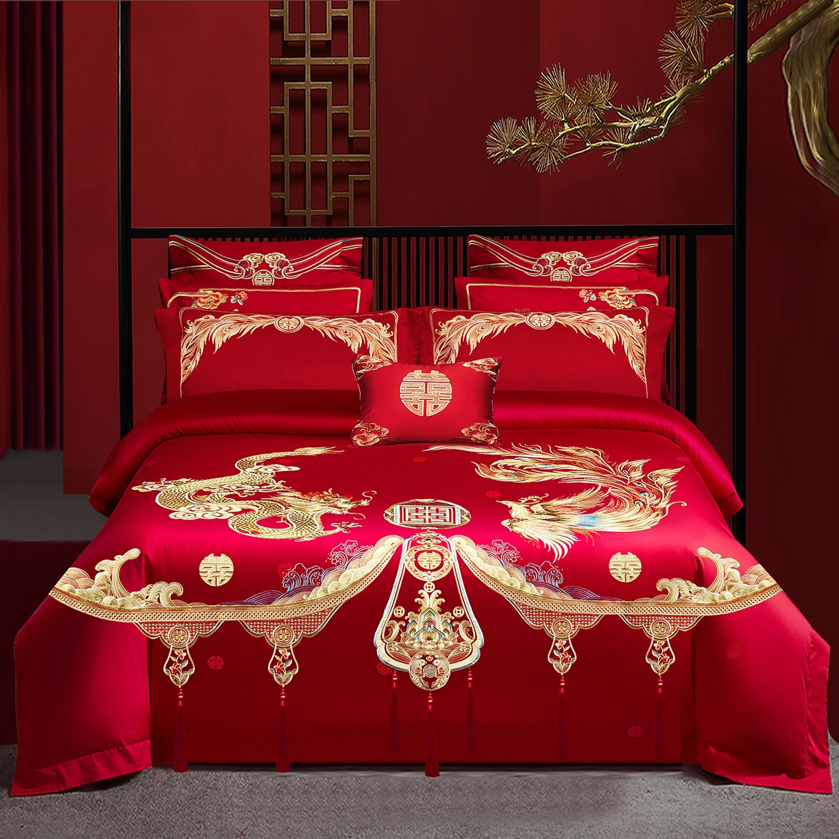 柏拉图 2025新款100s长绒棉贡缎提花重工艺刺绣婚庆四件套多件套 龙姿凤采