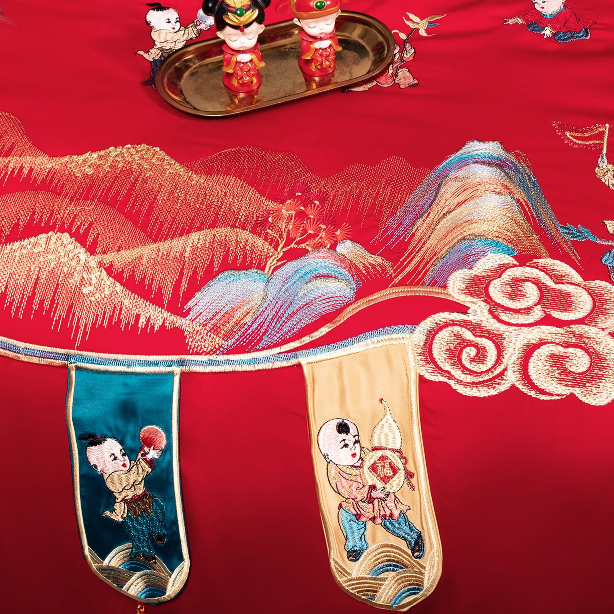 91家纺网 家纺一手货源 找家纺 （总）柏拉图 2025新款100s长绒棉贡缎提花重工艺刺绣婚庆四件套多件套