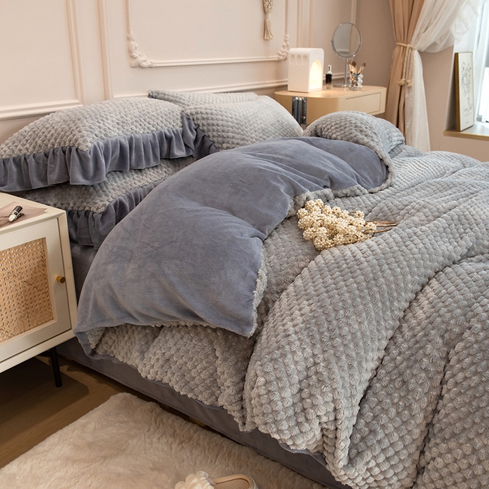 摩妮卡 2025新款提花豆豆绒卡通印花牛奶绒四件套 耀目灰