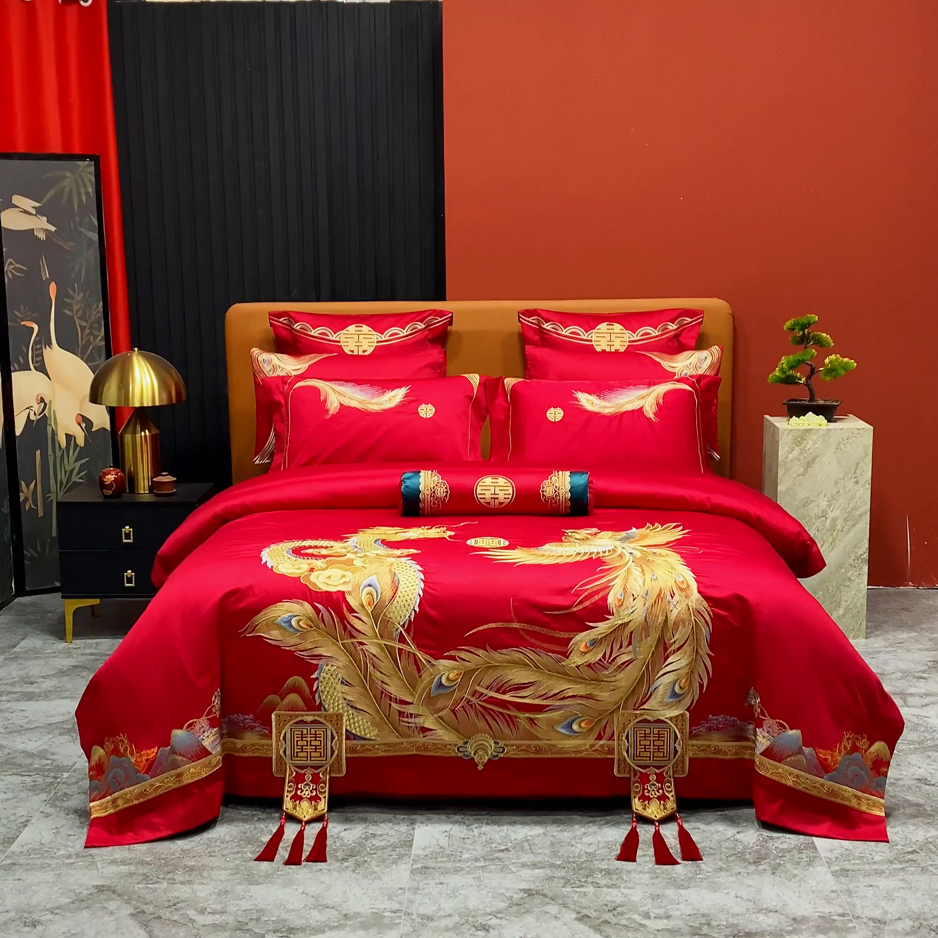 91家纺网 家纺一手货源 找家纺 柏拉图 2025新款100s长绒棉贡缎提花重工艺刺绣婚庆四件套多件套 海誓山盟