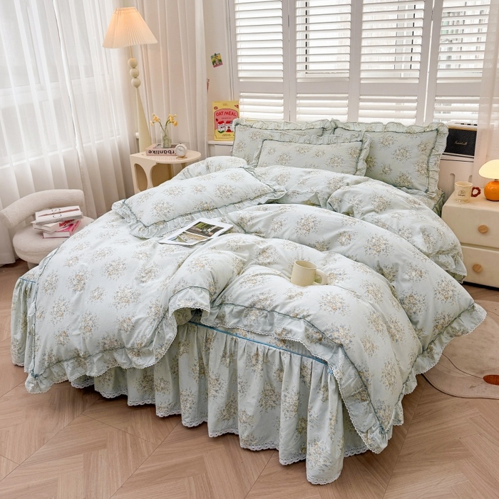 91家纺网 家纺一手货源 找家纺 （总）缦彩 2025新款韩版公主风100%纯棉床裙四件套全棉花边床单床罩套件