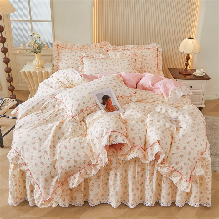 91家纺网 家纺一手货源 找家纺 （总）缦彩 2025新款韩版公主风100%纯棉床裙四件套全棉花边床单床罩套件