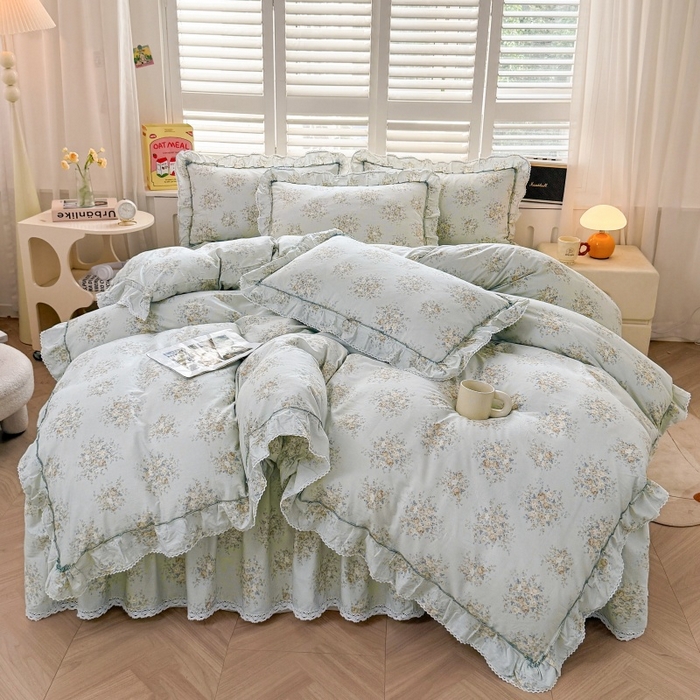 （总）缦彩 2025新款韩版公主风100%纯棉床裙四件套全棉花边床单床罩套件