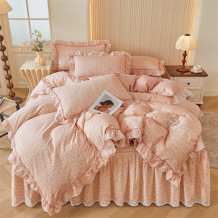 91家纺网 家纺一手货源 找家纺 （总）缦彩 2025新款韩版公主风100%纯棉床裙四件套全棉花边床单床罩套件