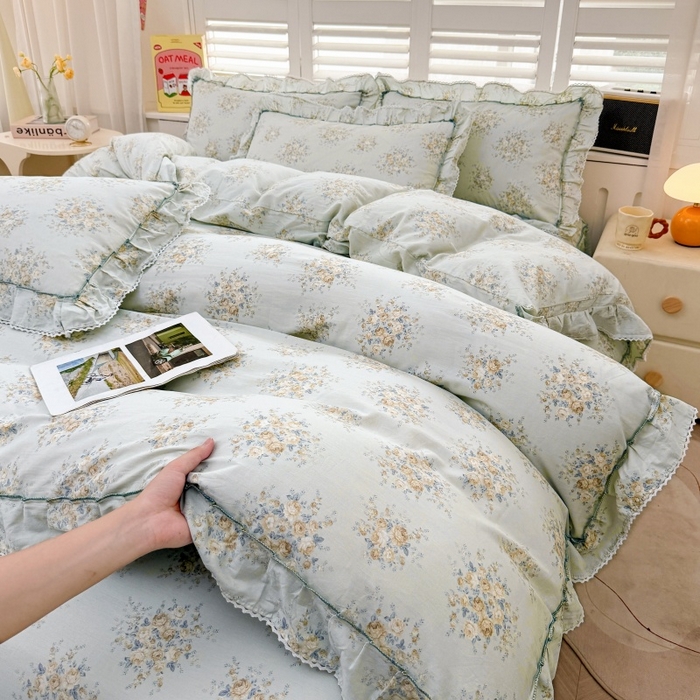 91家纺网 家纺一手货源 找家纺 （总）缦彩 2025新款韩版公主风100%纯棉床裙四件套全棉花边床单床罩套件