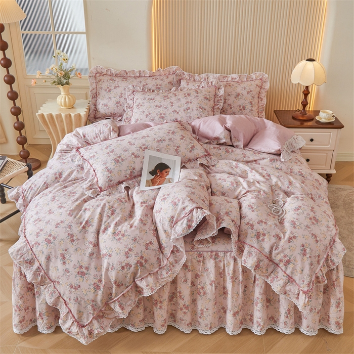 91家纺网 家纺一手货源 找家纺 （总）缦彩 2025新款韩版公主风100%纯棉床裙四件套全棉花边床单床罩套件